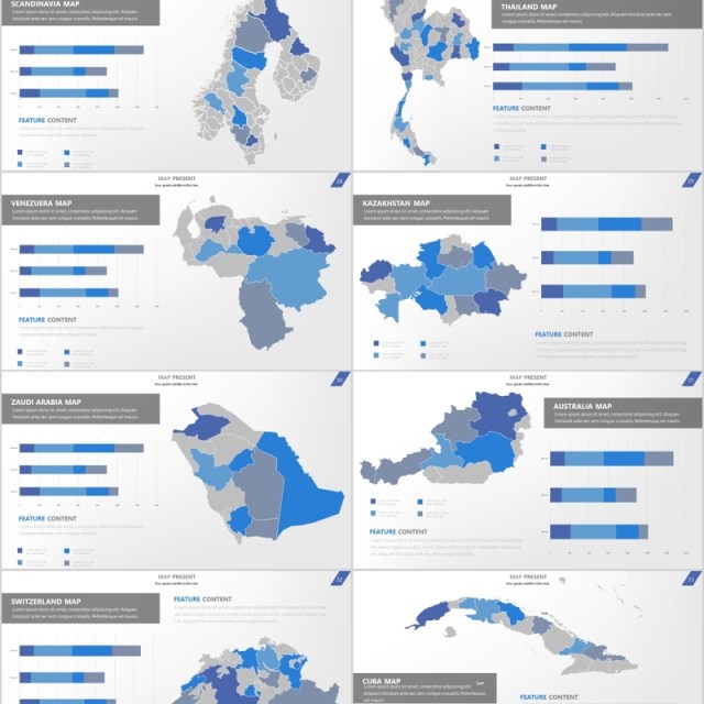 3套色系世界地图PPT图表信息各个国家地图素材演示Map & Charts Presentation