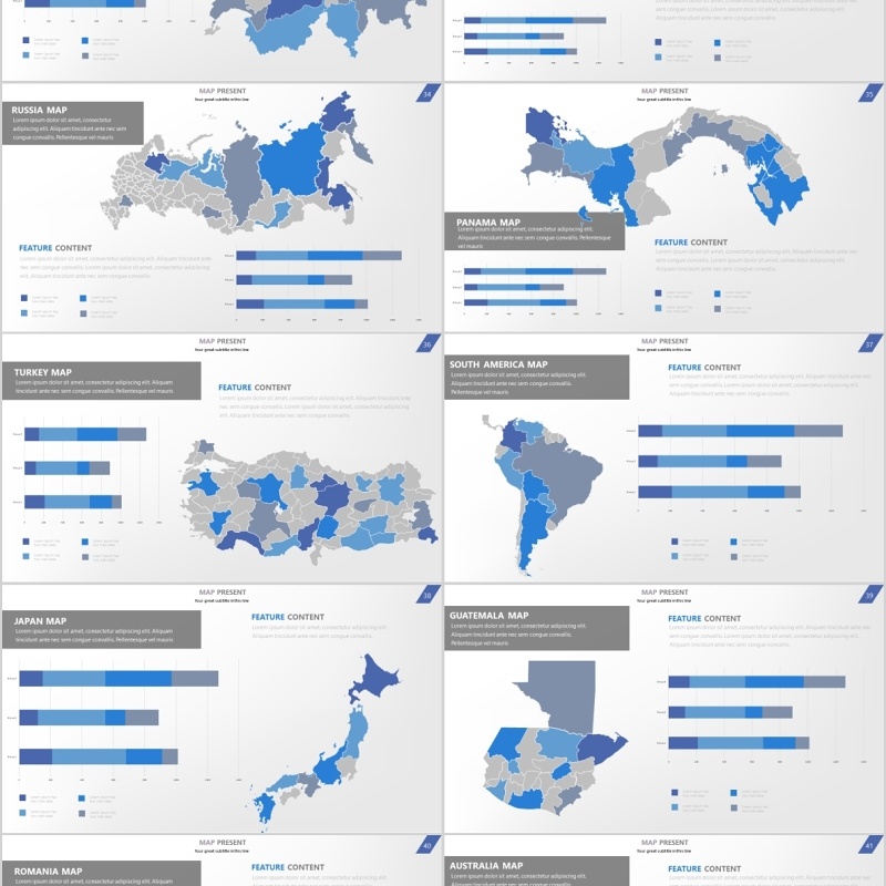 3套色系世界地图PPT图表信息各个国家地图素材演示Map & Charts Presentation