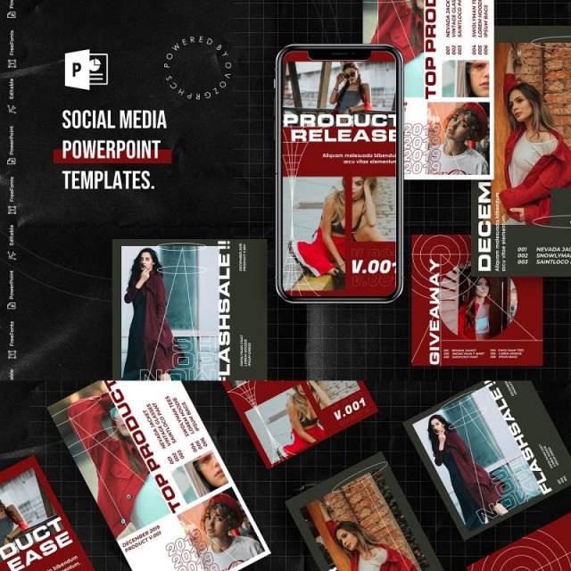 深红色手机竖版社交媒体杂志PPT版式模板不含照片Social Media PowerPoint Template