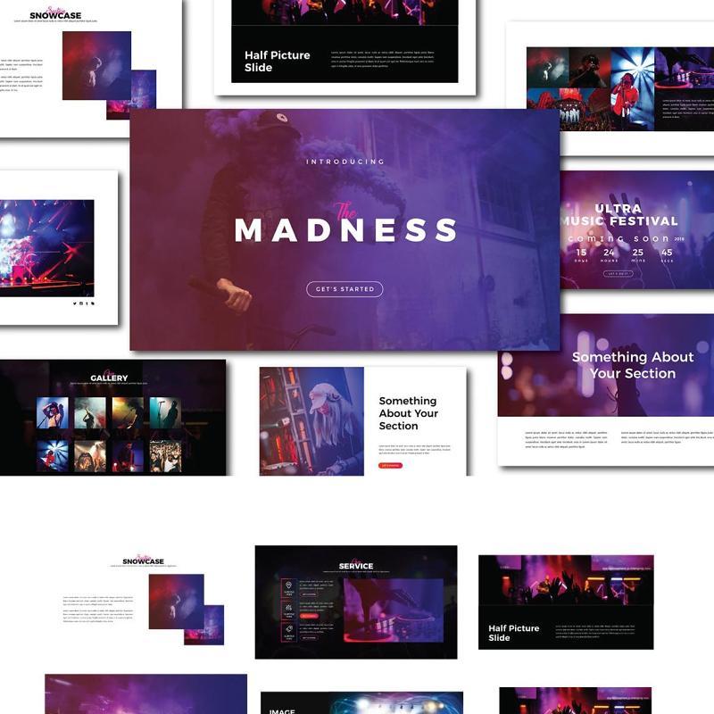娱乐休闲演唱会乐队宣传PPT模板版式设计Madness Multipurpose PPTX