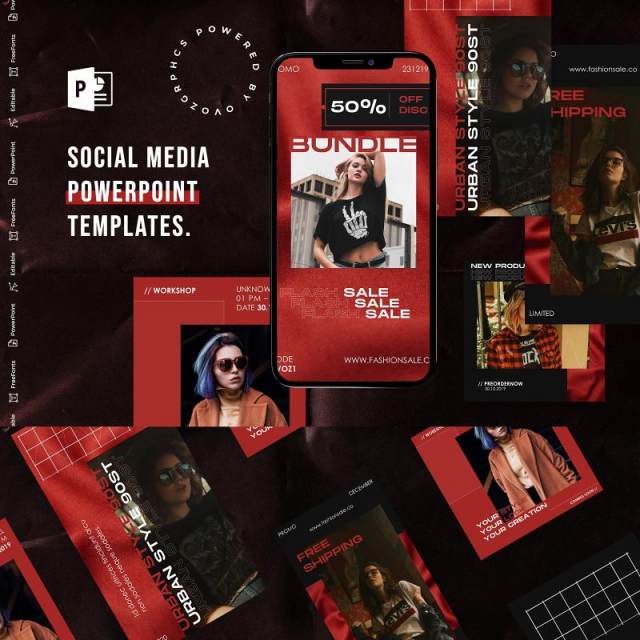 深红色手机竖版社交媒体杂志PPT版式模板Social Media PowerPoint Template