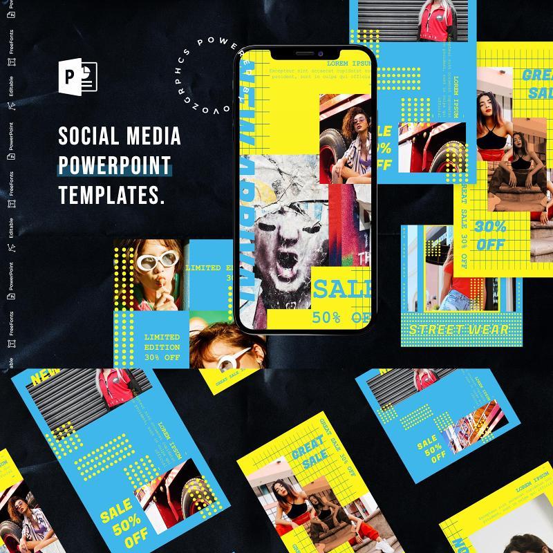 蓝黄色浅色手机竖版社交媒体杂志PPT版式模板Social Media PowerPoint Template