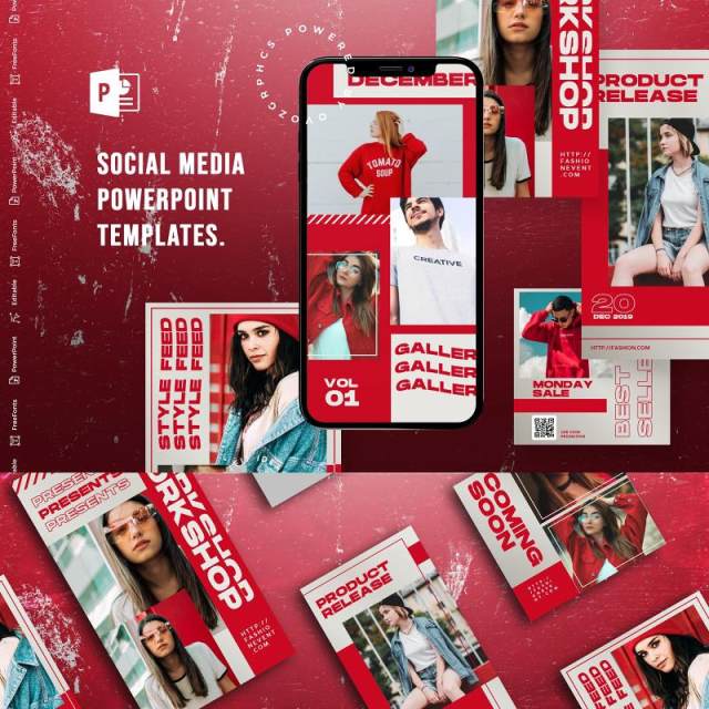 红色欧美风手机竖版社交媒体PPT模板Social Media PowerPoint Template