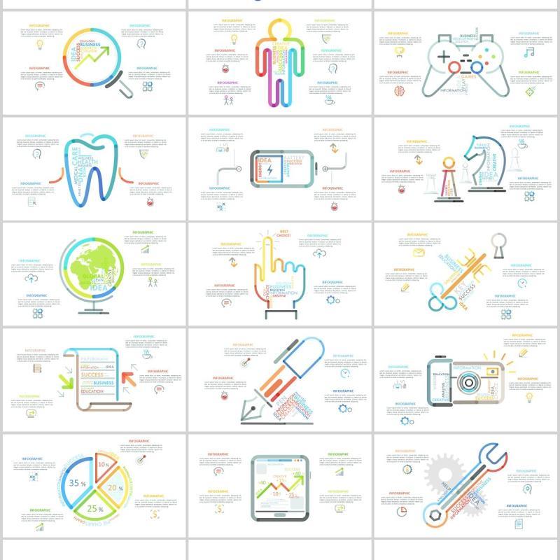 创意彩色线性图形图标大纲目录字母数字PSD素材信息图表PPT元素Outline Powerpoint Presentation