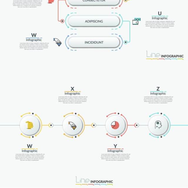 商业线性时间轴螺旋图矩形圆形连接循环关系流程图可视化信息图表AI矢量素材Line-X Infographics