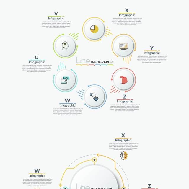 商业线性时间轴螺旋图矩形圆形连接循环关系流程图可视化信息图表AI矢量素材Line-X Infographics