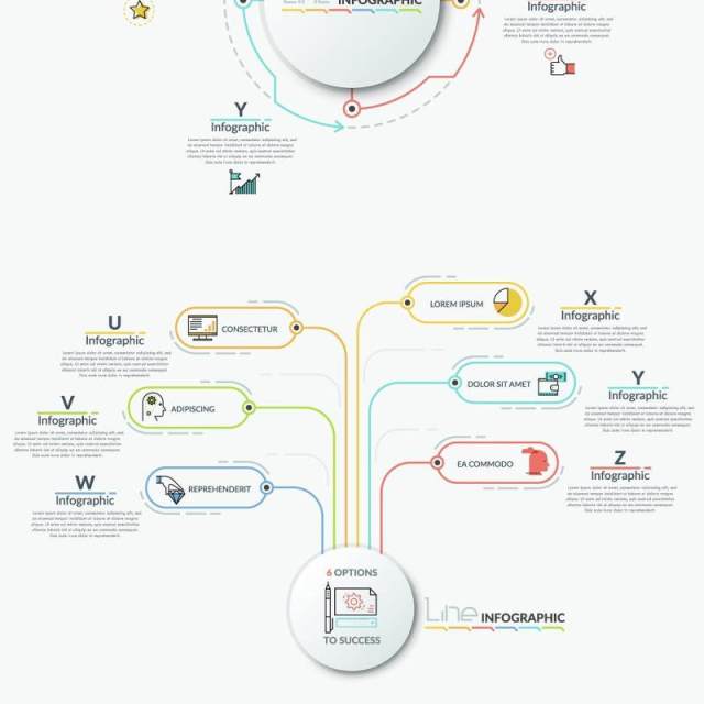 商业线性时间轴螺旋图矩形圆形连接循环关系流程图可视化信息图表AI矢量素材Line-X Infographics