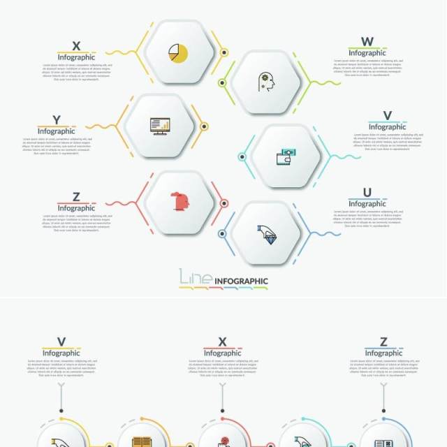 商业线性时间轴螺旋图矩形圆形连接循环关系流程图可视化信息图表AI矢量素材Line-X Infographics