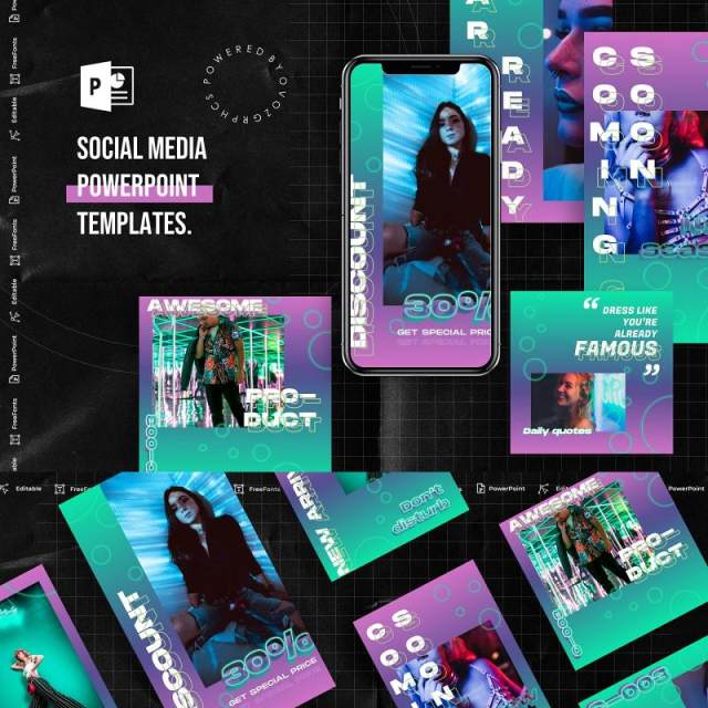 炫彩渐变色手机竖版社交媒体杂志PPT版式模板不含照片Social Media PowerPoint Template