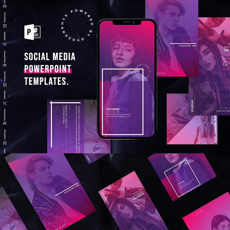 神秘紫色系手机竖版社交媒体杂志PPT版式模板不含照片Social Media PowerPoint Template