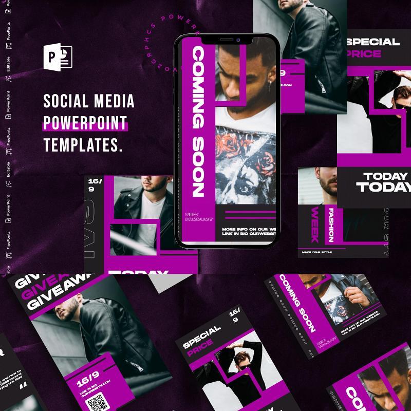 黑色紫色手机竖版社交媒体杂志PPT版式模板不含照片Social Media PowerPoint Template