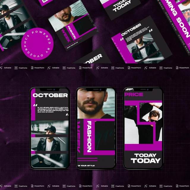 黑色紫色手机竖版社交媒体杂志PPT版式模板不含照片Social Media PowerPoint Template