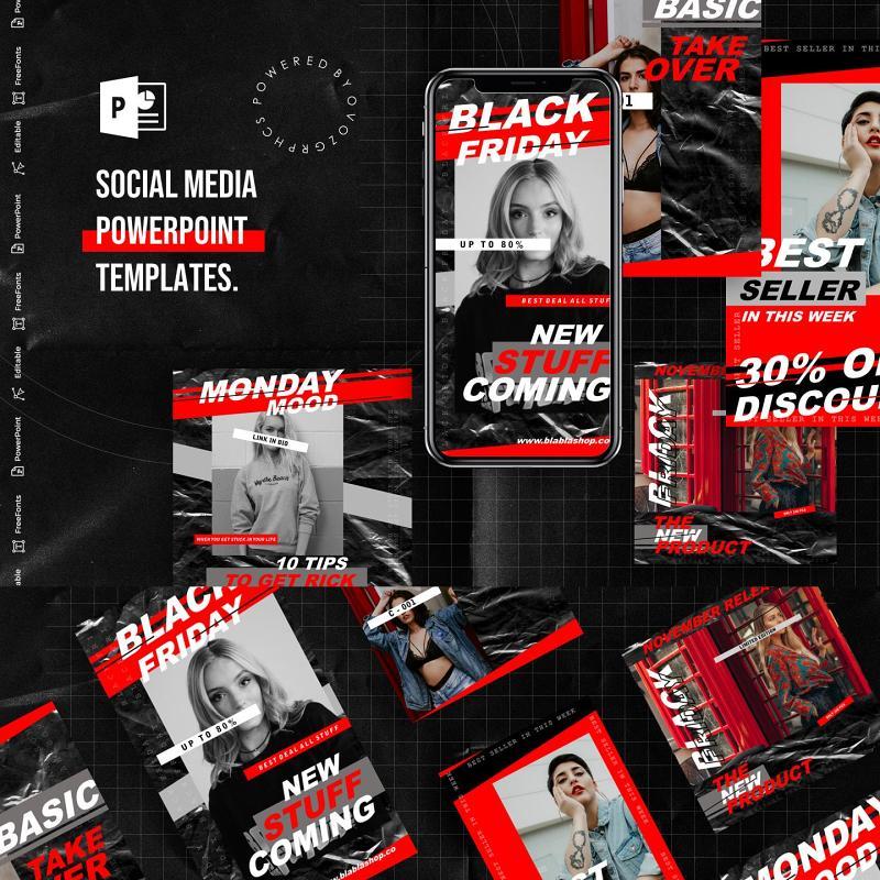 黑红双色手机竖版社交媒体杂志PPT版式模板不含照片Social Media PowerPoint Template