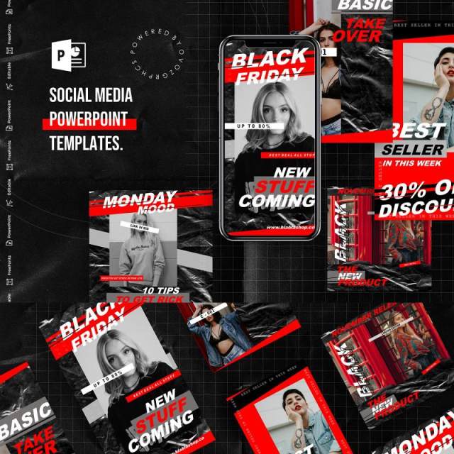 黑红双色手机竖版社交媒体杂志PPT版式模板不含照片Social Media PowerPoint Template 黑红双色手机竖版社交媒体杂志PPT版式模板不含照片Social Media PowerPoint Template