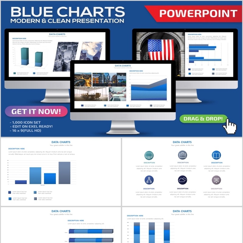 蓝色立体柱状图PPT信息图表可插图片Blue Charts Powerpoint Template