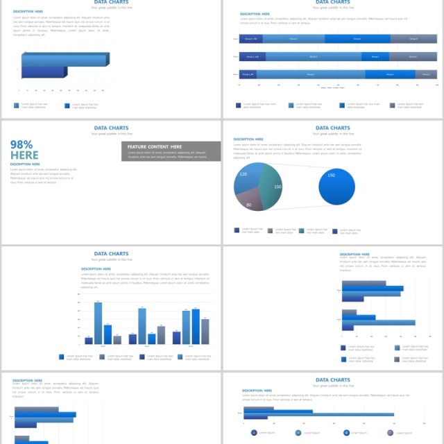 蓝色立体柱状图PPT信息图表可插图片Blue Charts Powerpoint Template