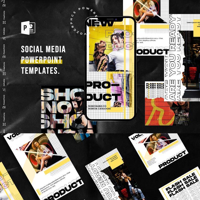 简洁黄色手机竖版社交媒体杂志PPT版式模板Social Media PowerPoint Template