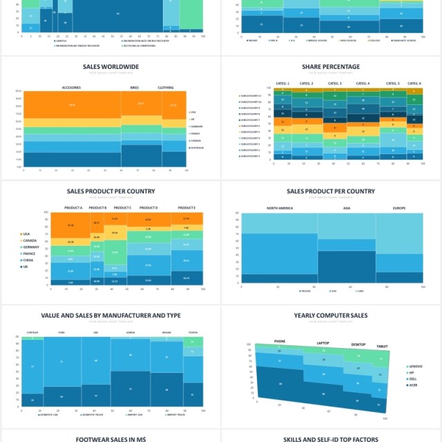 企业细分领域市场矩阵细分图PPT数据值比例图表素材PPTMekko Chart Slides Powerpoint