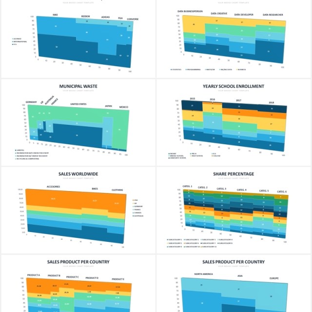 企业细分领域市场矩阵细分图PPT数据值比例图表素材PPTMekko Chart Slides Powerpoint