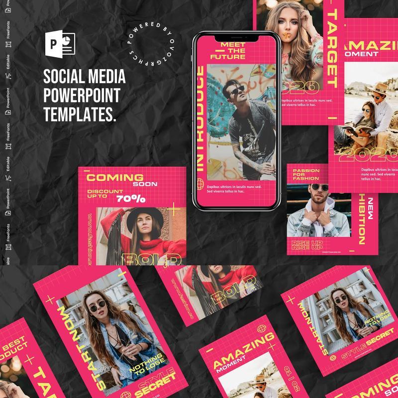 粉色手机竖版社交媒体杂志PPT版式模板Social Media PowerPoint Template