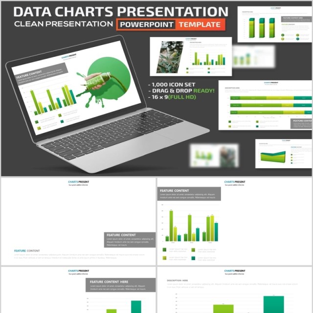 绿色柱状图可插图片PPT信息图表模板Green Charts Powerpoint Presentation