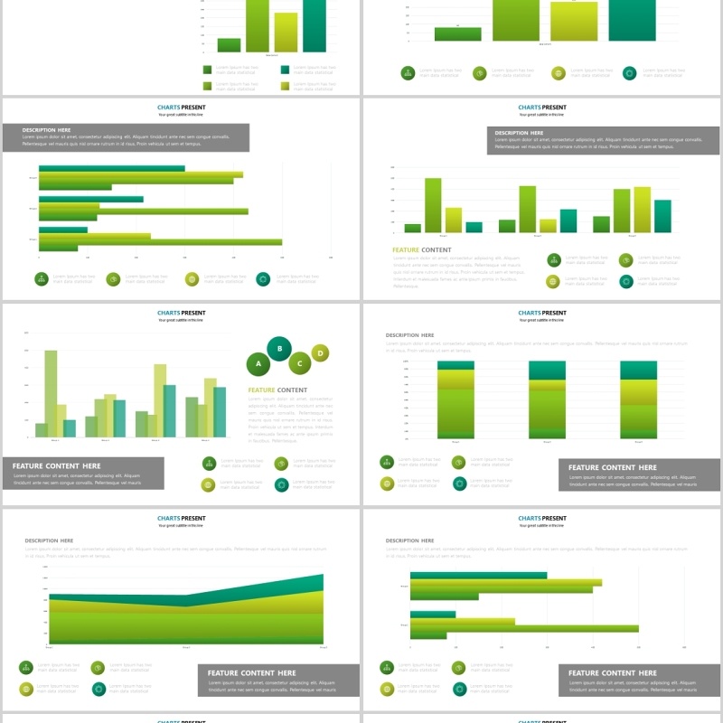 绿色柱状图可插图片PPT信息图表模板Green Charts Powerpoint Presentation
