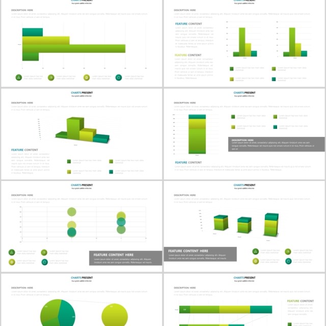 绿色柱状图可插图片PPT信息图表模板Green Charts Powerpoint Presentation