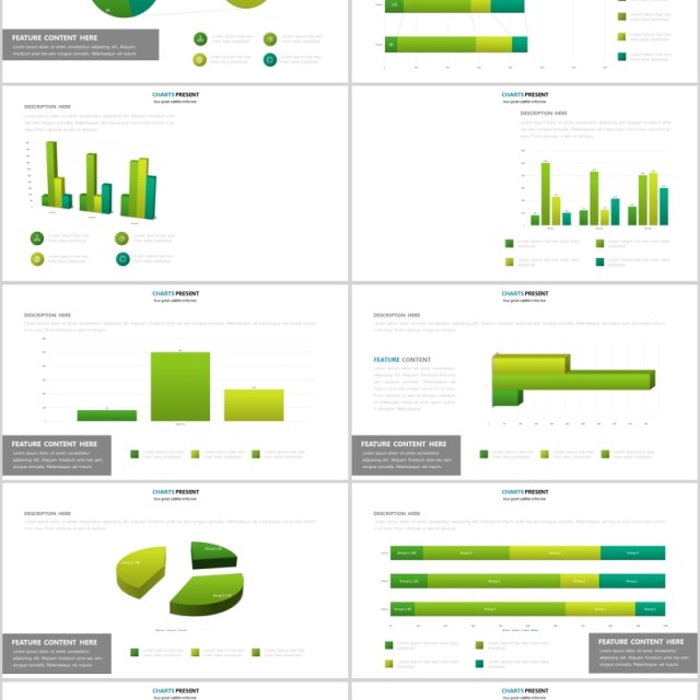 绿色柱状图可插图片PPT信息图表模板Green Charts Powerpoint Presentation