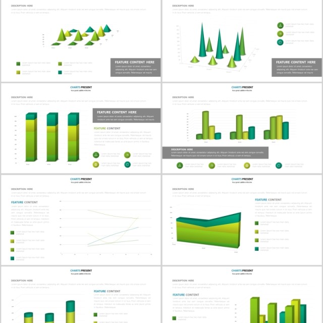 绿色柱状图可插图片PPT信息图表模板Green Charts Powerpoint Presentation