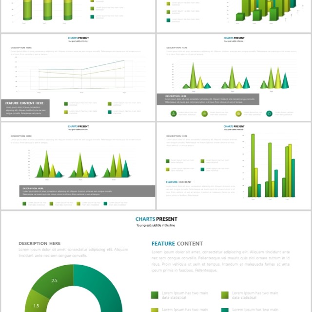 绿色柱状图可插图片PPT信息图表模板Green Charts Powerpoint Presentation