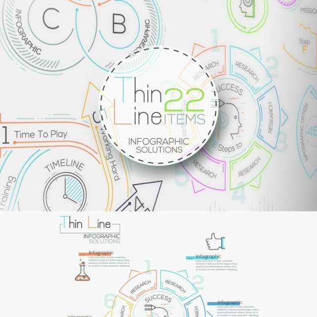 线性箭头饼图圆形时间线关系图AI矢量信息图表图标素材Thin Line Infographic Set