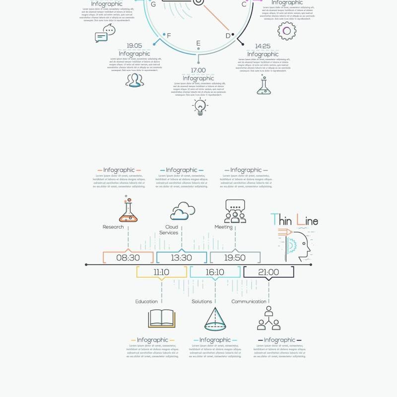 线性箭头饼图圆形时间线关系图AI矢量信息图表图标素材Thin Line Infographic Set