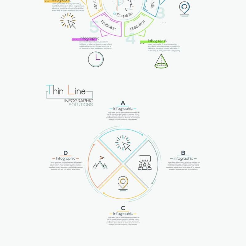 线性箭头饼图圆形时间线关系图AI矢量信息图表图标素材Thin Line Infographic Set