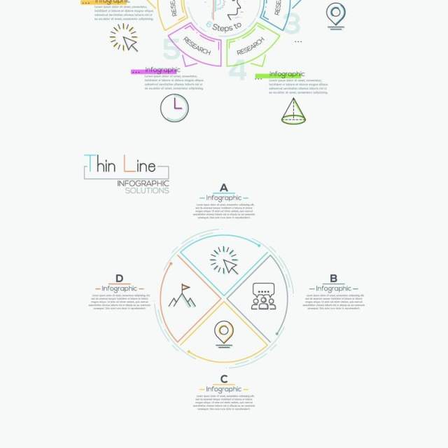 线性箭头饼图圆形时间线关系图AI矢量信息图表图标素材Thin Line Infographic Set