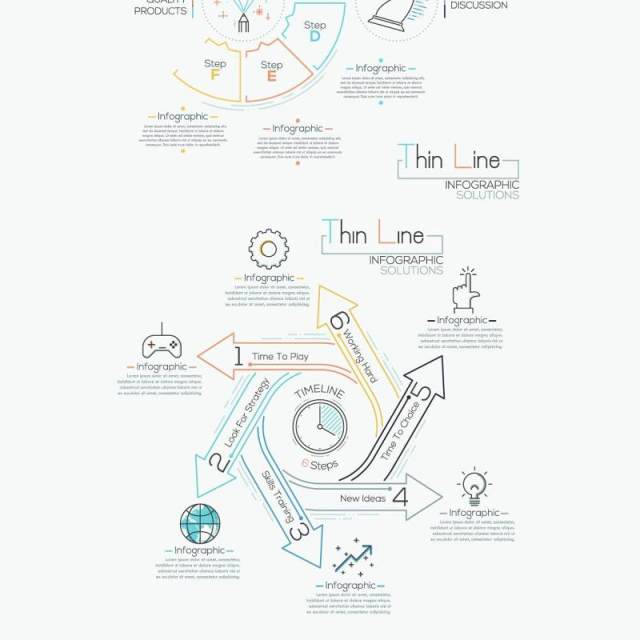 线性箭头饼图圆形时间线关系图AI矢量信息图表图标素材Thin Line Infographic Set