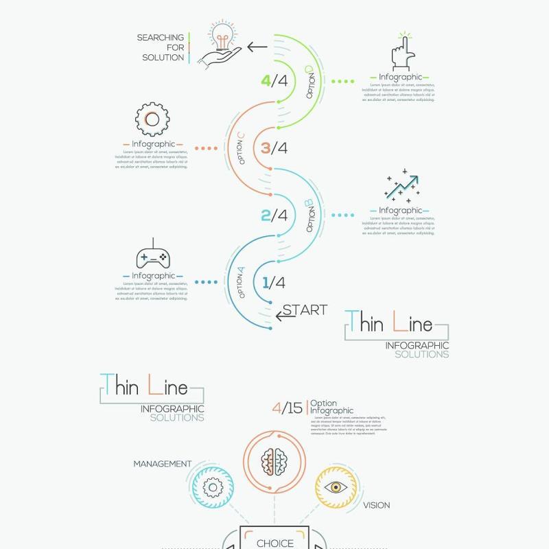 线性箭头饼图圆形时间线关系图AI矢量信息图表图标素材Thin Line Infographic Set