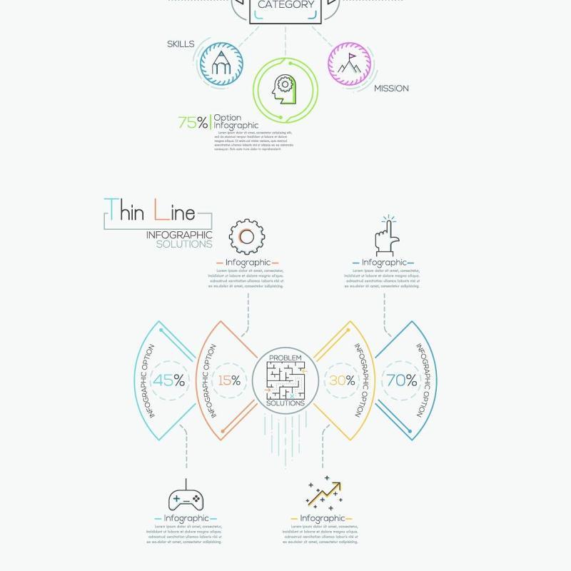 线性箭头饼图圆形时间线关系图AI矢量信息图表图标素材Thin Line Infographic Set