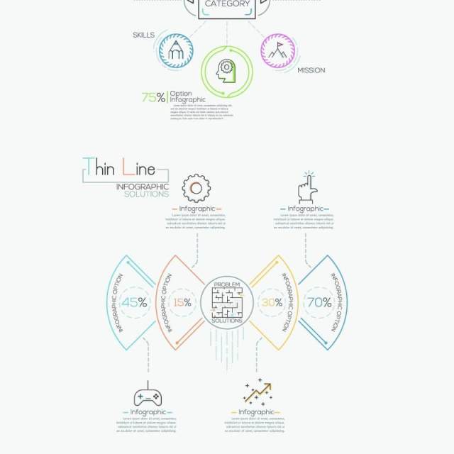 线性箭头饼图圆形时间线关系图AI矢量信息图表图标素材Thin Line Infographic Set