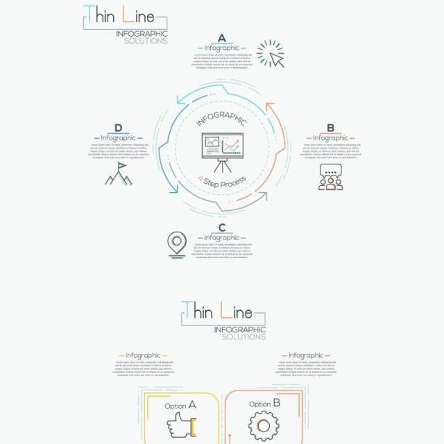 线性箭头饼图圆形时间线关系图AI矢量信息图表图标素材Thin Line Infographic Set