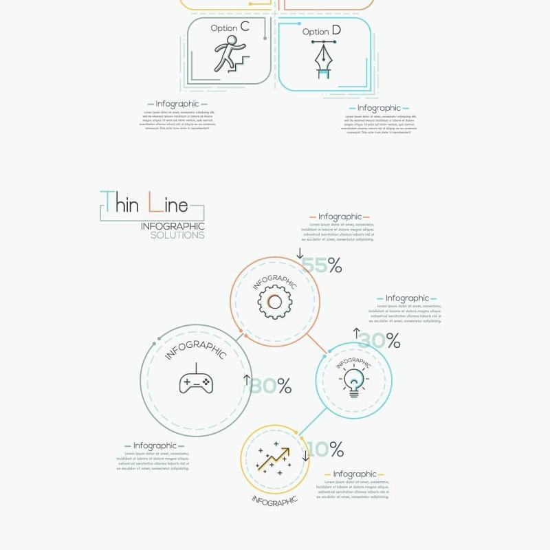 线性箭头饼图圆形时间线关系图AI矢量信息图表图标素材Thin Line Infographic Set