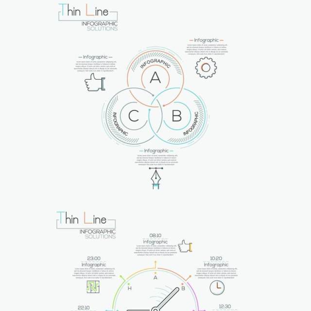 线性箭头饼图圆形时间线关系图AI矢量信息图表图标素材Thin Line Infographic Set