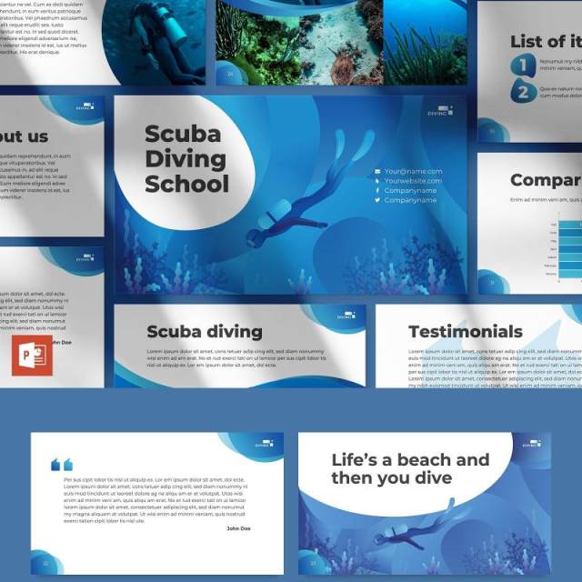 潜水培训学校宣传介绍PPT模板不含照片Diving School PowerPoint Presentation Template