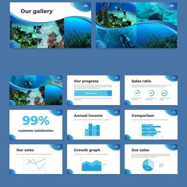 潜水培训学校宣传介绍PPT模板不含照片Diving School PowerPoint Presentation Template