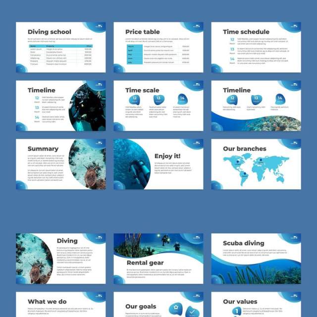 潜水培训学校宣传介绍PPT模板不含照片Diving School PowerPoint Presentation Template