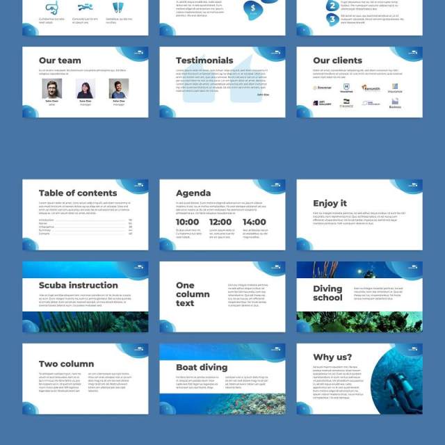 潜水培训学校宣传介绍PPT模板不含照片Diving School PowerPoint Presentation Template