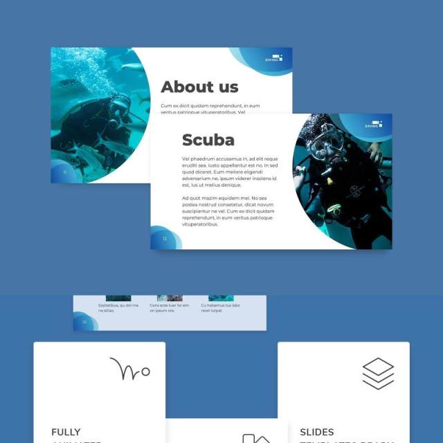 潜水培训学校宣传介绍PPT模板不含照片Diving School PowerPoint Presentation Template