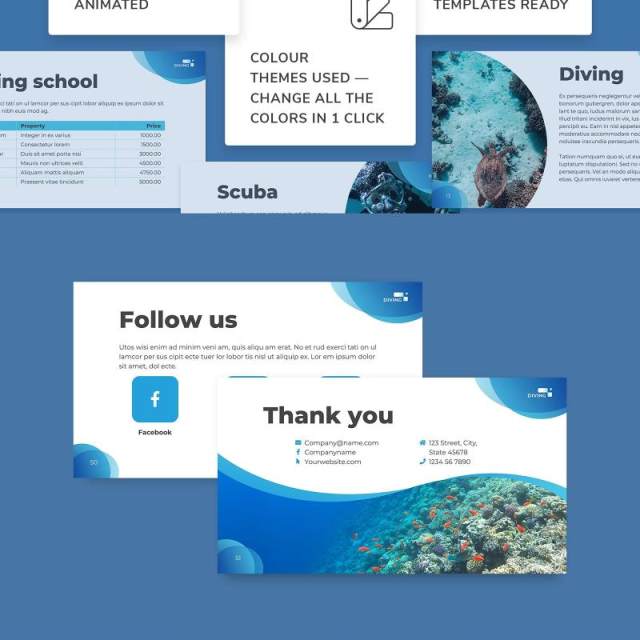 潜水培训学校宣传介绍PPT模板不含照片Diving School PowerPoint Presentation Template