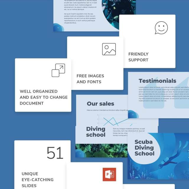 潜水培训学校宣传介绍PPT模板不含照片Diving School PowerPoint Presentation Template