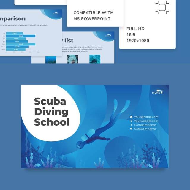 潜水培训学校宣传介绍PPT模板不含照片Diving School PowerPoint Presentation Template