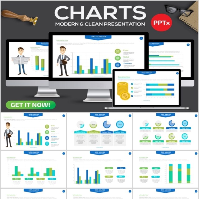 蓝绿色柱状图条形信息图表PPT幻灯片演示Chart Powerpoint Presentation